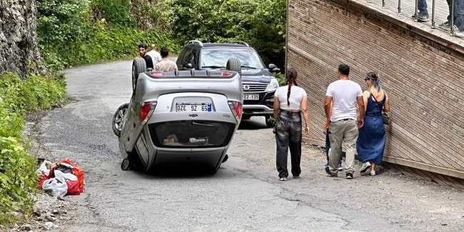 Uzungöl'de faciadan dönüldü: Freni tutmayan otomobil takla attı