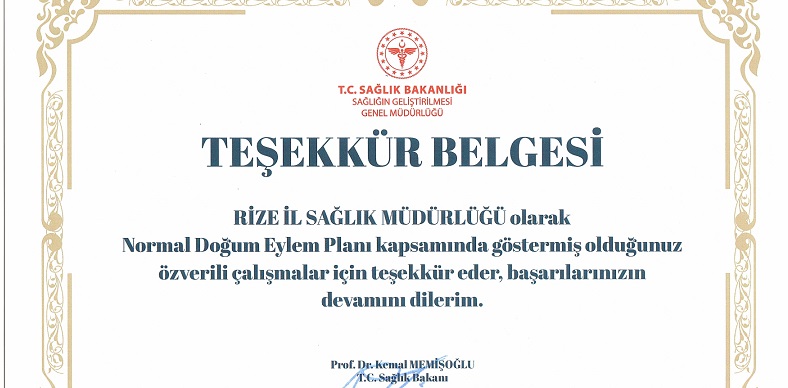Rize İl Sağlık Müdürlüğü’ne Sağlık Bakanlığı’ndan Teşekkür Belgesi