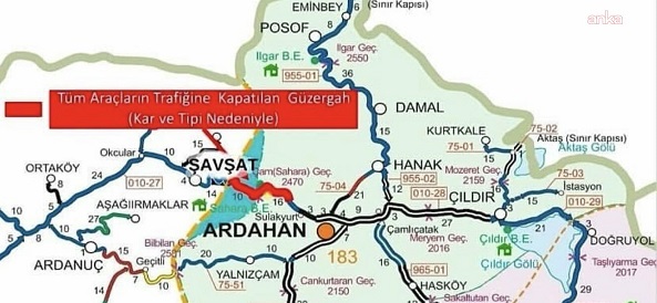 Artvin Şavşat - Ardahan yolu Sahara Geçidi, yoğun yağış, tipi ve buzlanma nedeniyle geçici olarak trafiğe kapatıldı