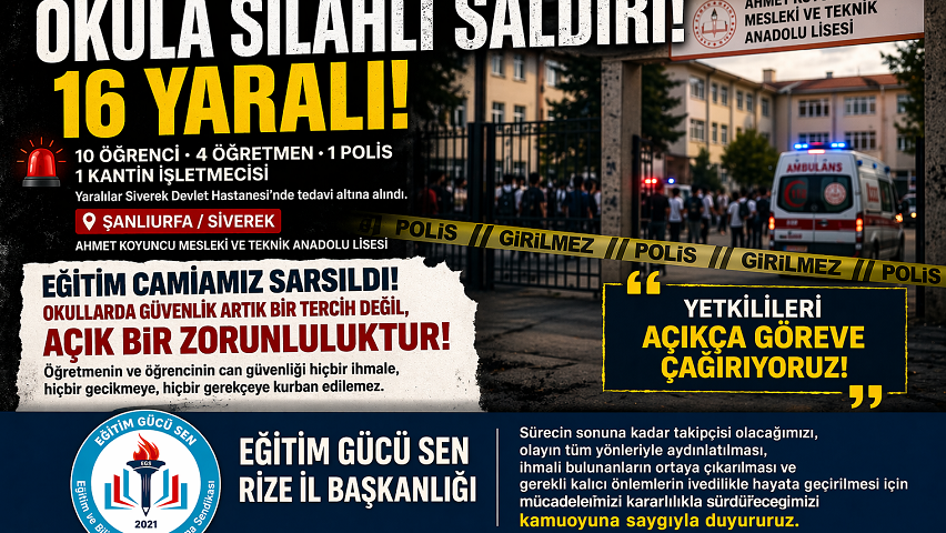 Eğitim Gücü Sen’den Siverek’teki Saldırıya Tepki: “Okullarda Güvenlik Ertelenemez”